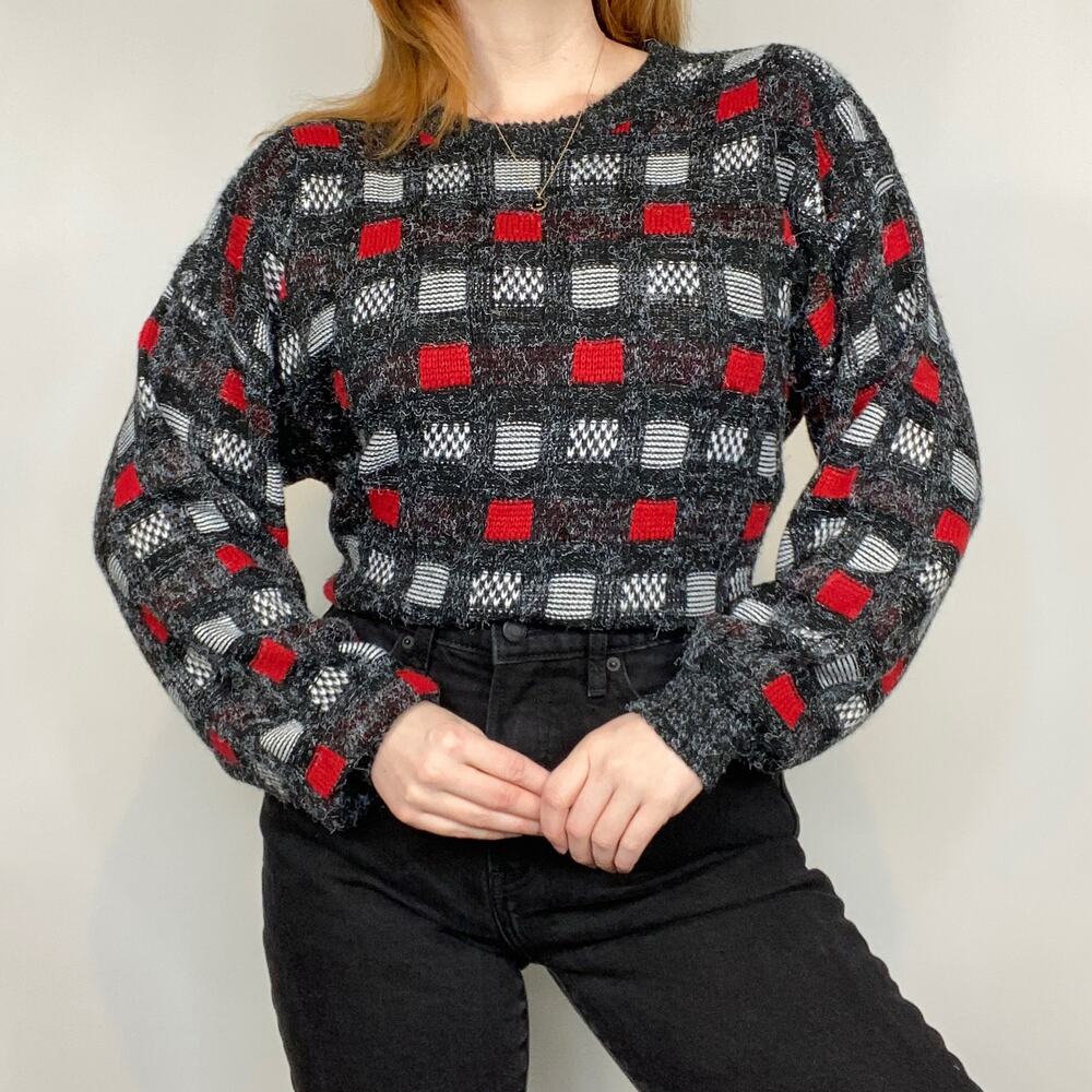 Vintage New Era Large Red & Gray Checkered Crewneck Dad/Grandpa Sweater